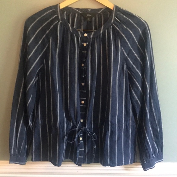 J. Crew Linen Tie Waist Long Sleeve Top Indigo Gauze Stripe SZ 8. Coastal - Picture 2 of 11